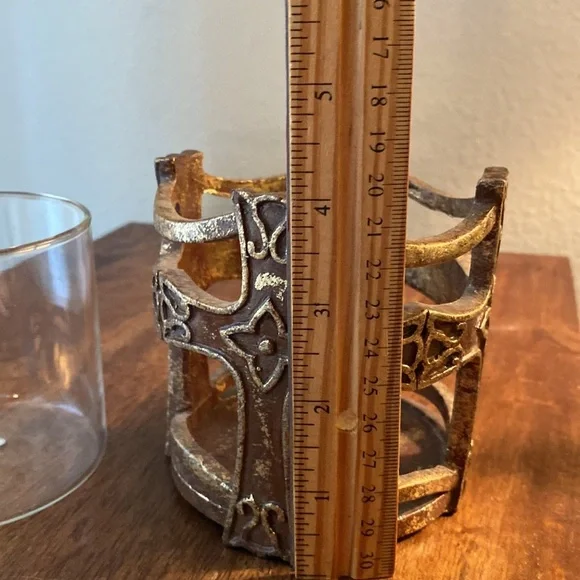 Brown gold bronze candle holder and glass insert home decor with cross design​​ - Picture 11 of 13